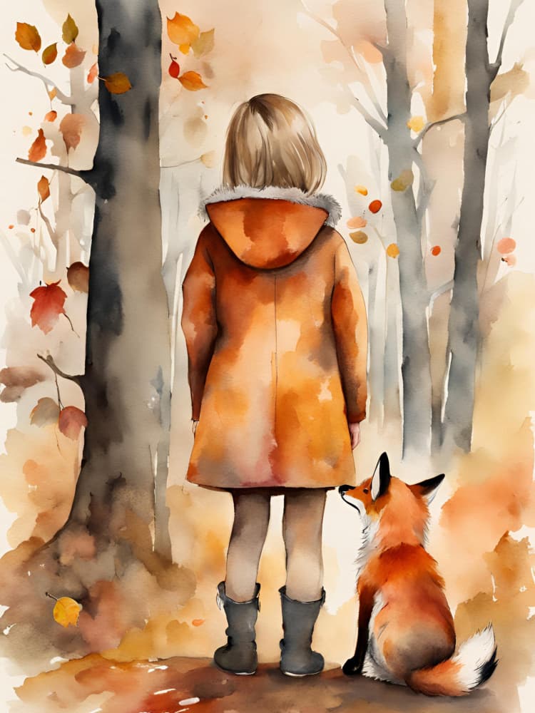 Child and Fox in Autumn Forest by Ohkimiko — canvas wall art