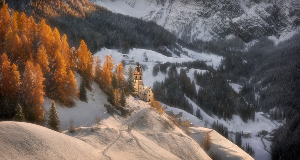Golden Alpine Church by Krzysztof Browko — canvas wall art