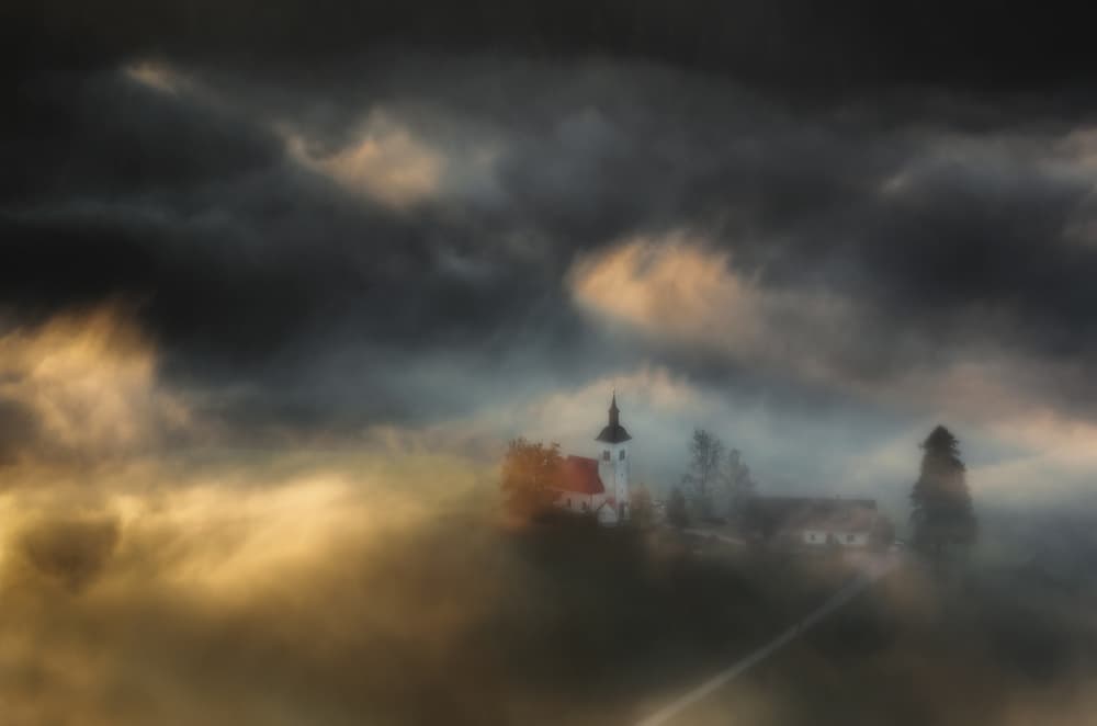 Church in Golden Mist by Ales Komovec — canvas wall art