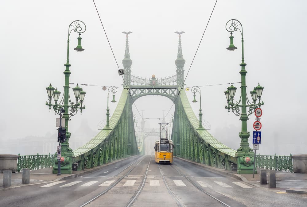 Foggy Green Bridge Tram by Carlos Cremades Pérez — canvas wall art