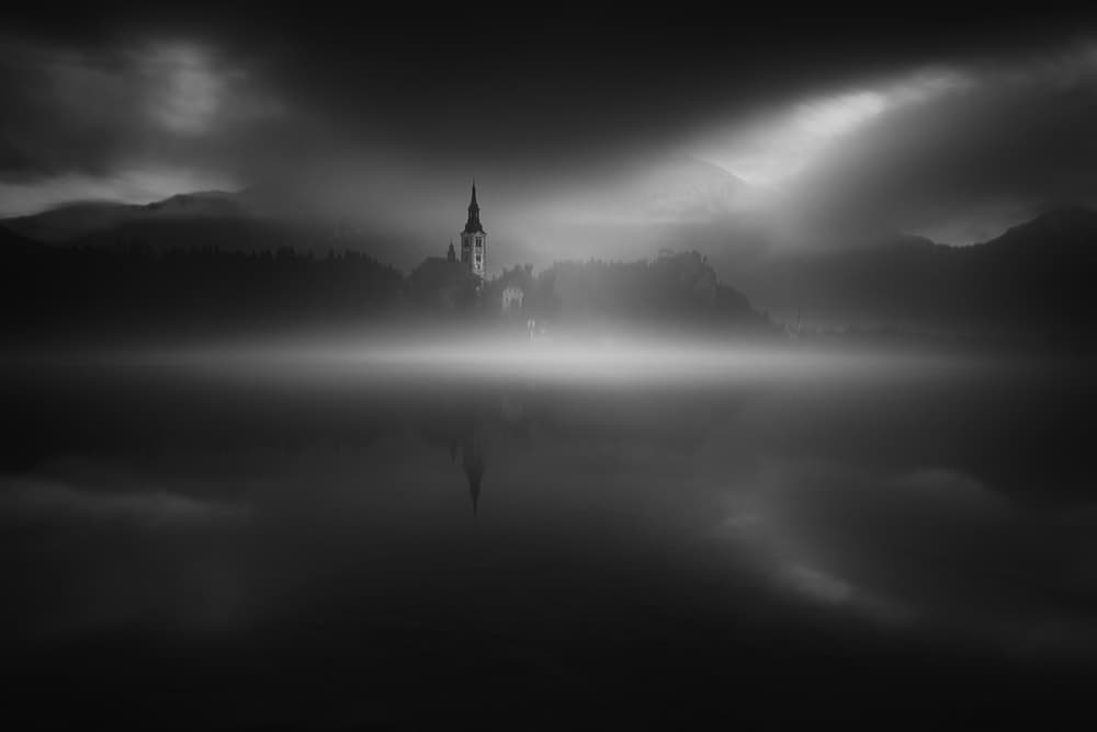 Misty Bled Island Church by Marian Kuric QEP — canvas wall art