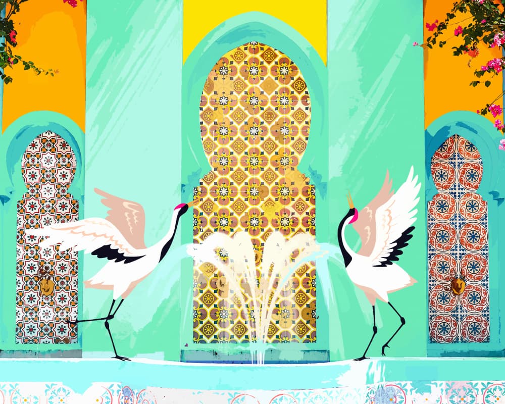 Elegant Cranes Palace Garden by Uma Gokhale — canvas wall art