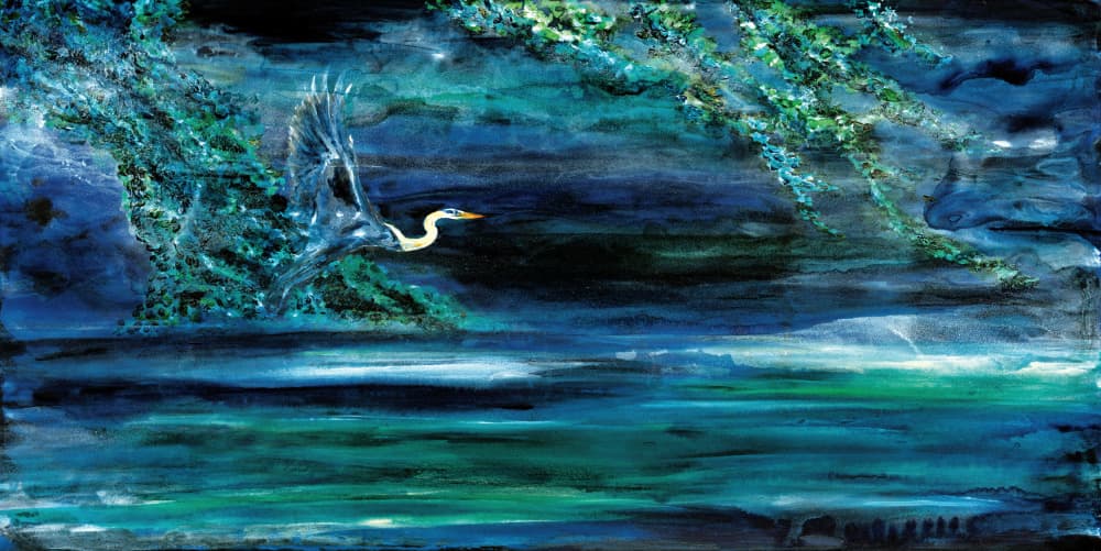 Heron Over Dark Water by RodMacIver — canvas wall art