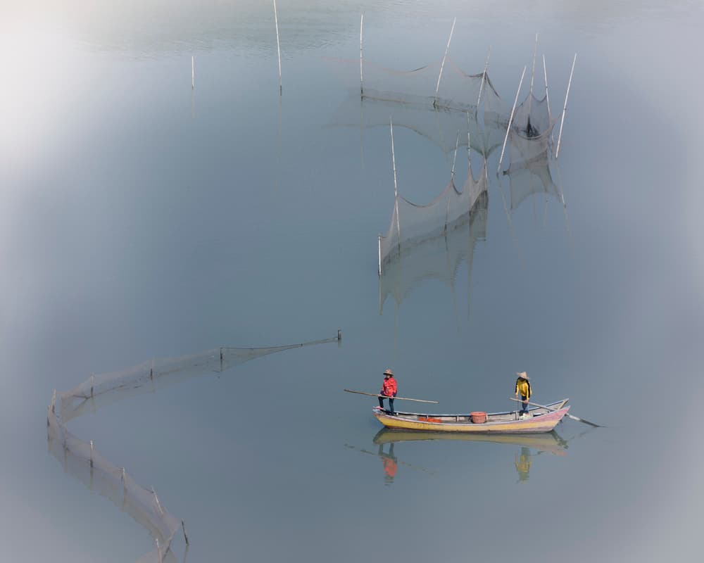 Misty Morning Fishing by Purple Bamboo — canvas wall art