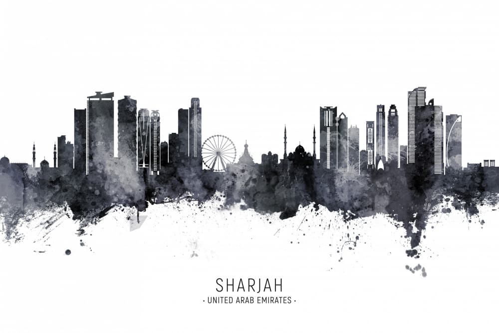 Sharjah City Skyline Watercolor by Michael Tompsett — canvas wall art