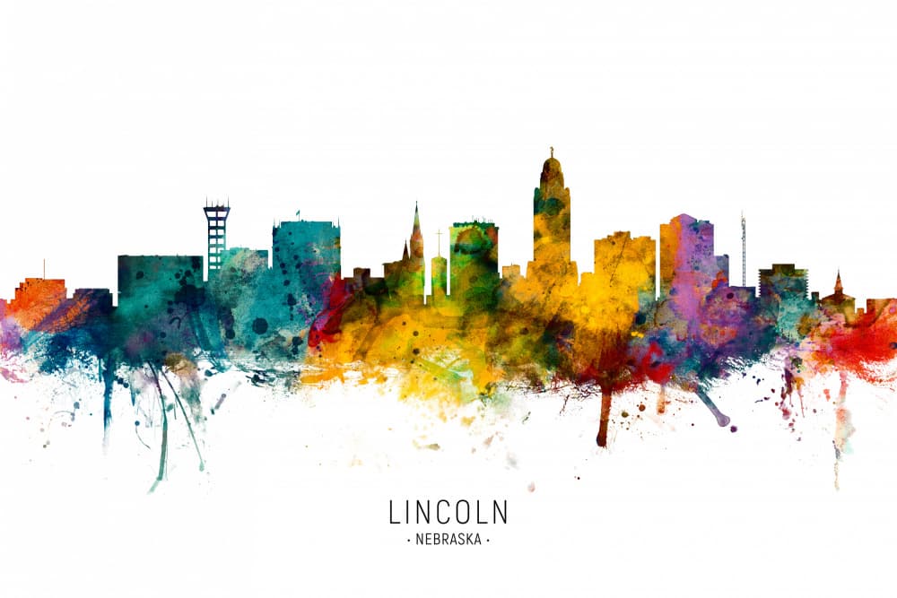 Colorful Lincoln Skyline by Michael Tompsett — canvas wall art