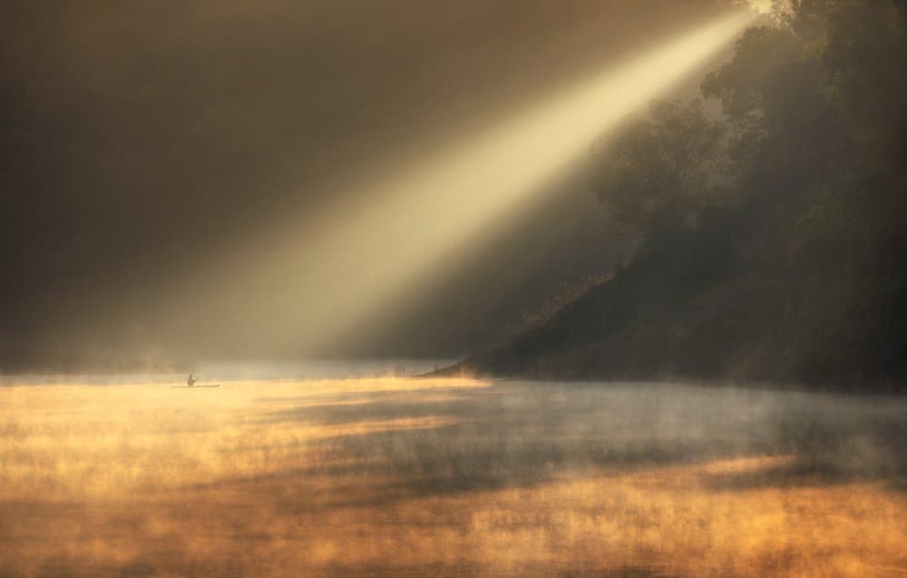 Golden Light Over Misty Lake by Nguyen Tan Tuan — canvas wall art