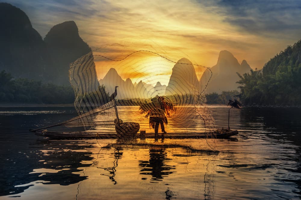 Cormorant Fisherman Sunset by Istvan Kadar — canvas wall art