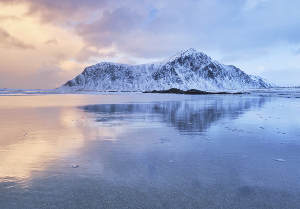 Snowy Mountain Beach Reflection by Hamed Bank — canvas wall art