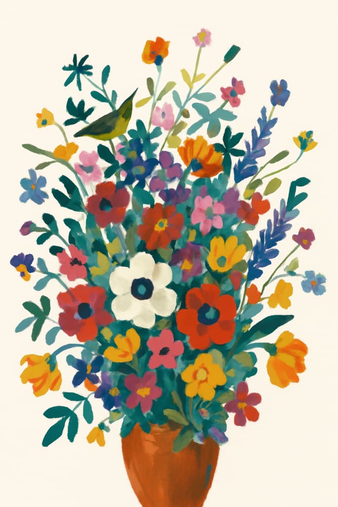 Colorful Blooms with Bird by Frida Floral Studio — canvas wall art