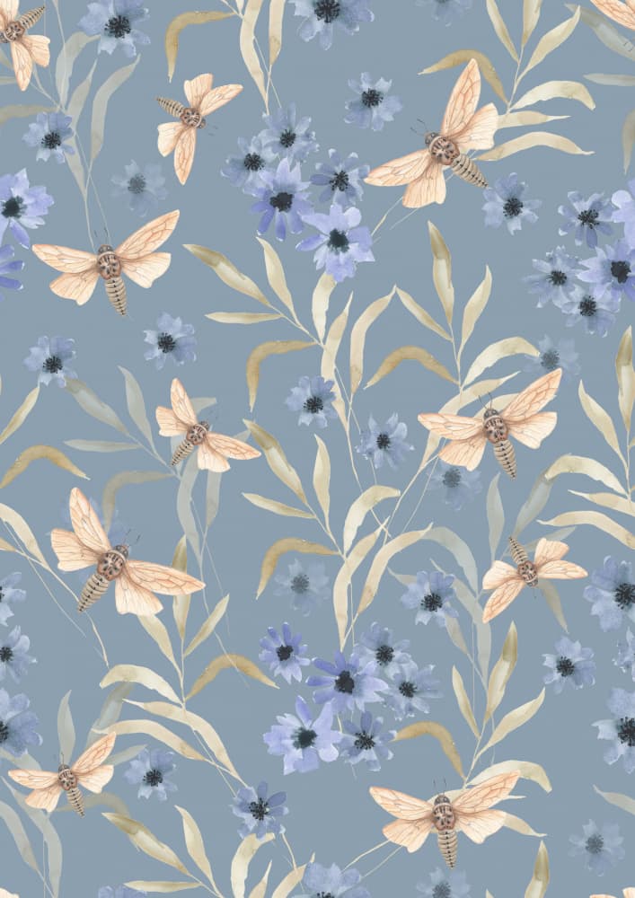 Gentle Moths Blue Blooms by Linda Sitniece — canvas wall art