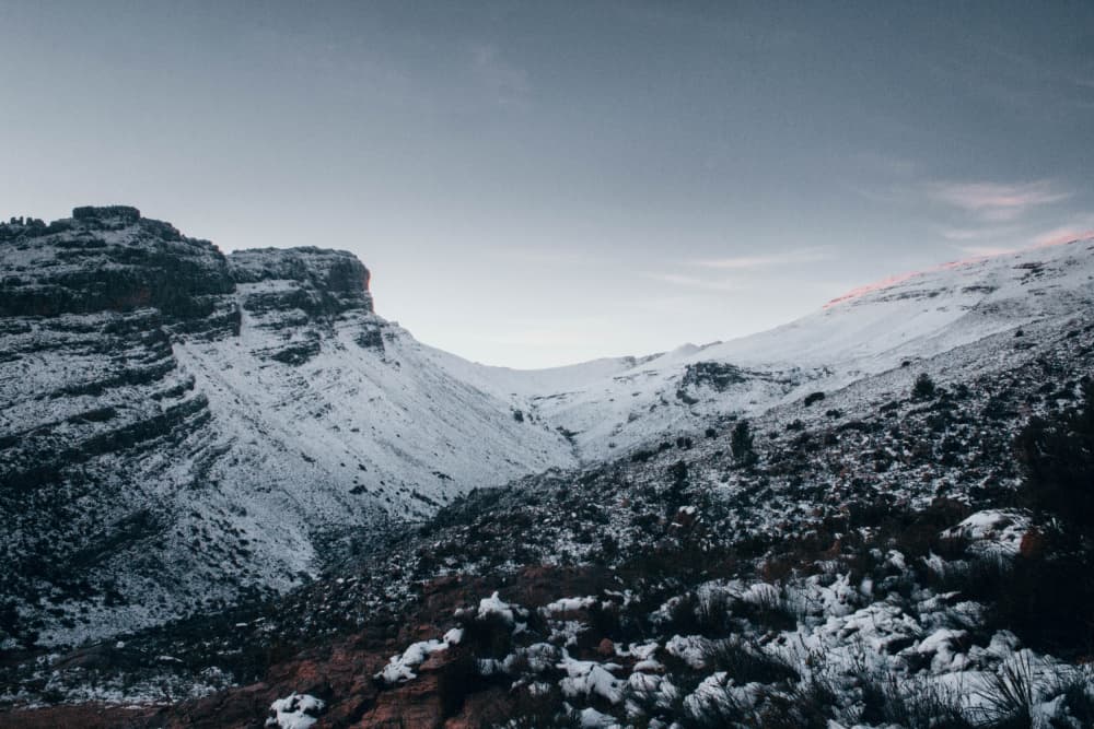 Winter Mountain Valley by Kauthar Isaacs — canvas wall art