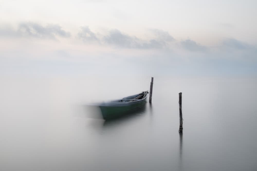 Green Boat Morning Fog by Walter Caterina — canvas wall art