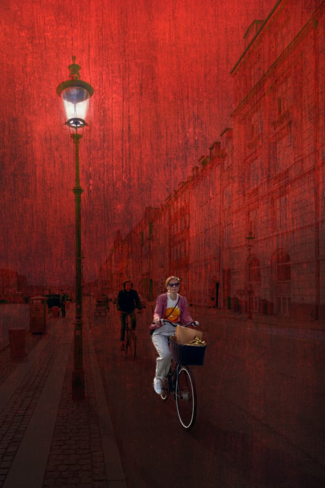Red City Cyclist by Ed Esposito — canvas wall art