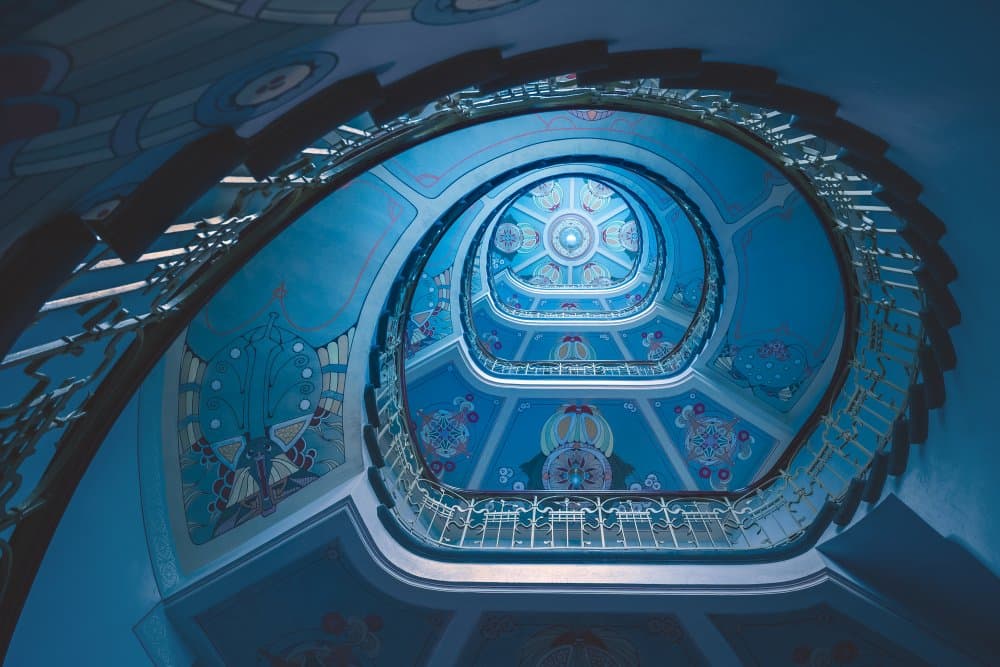 Ornate Blue Spiral Staircase by Mike Kreiten — canvas wall art