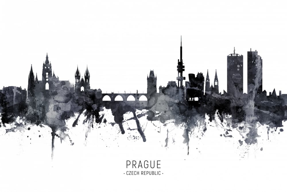 Prague Watercolor Skyline by Michael Tompsett — canvas wall art