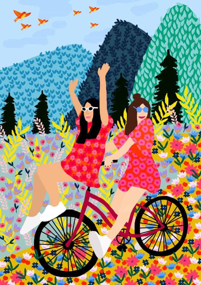 Friends on a bike by Rafaela Mascaro — canvas wall art