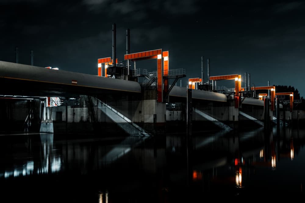 Industrial Dam Night Glow by Jürgen Muß — canvas wall art