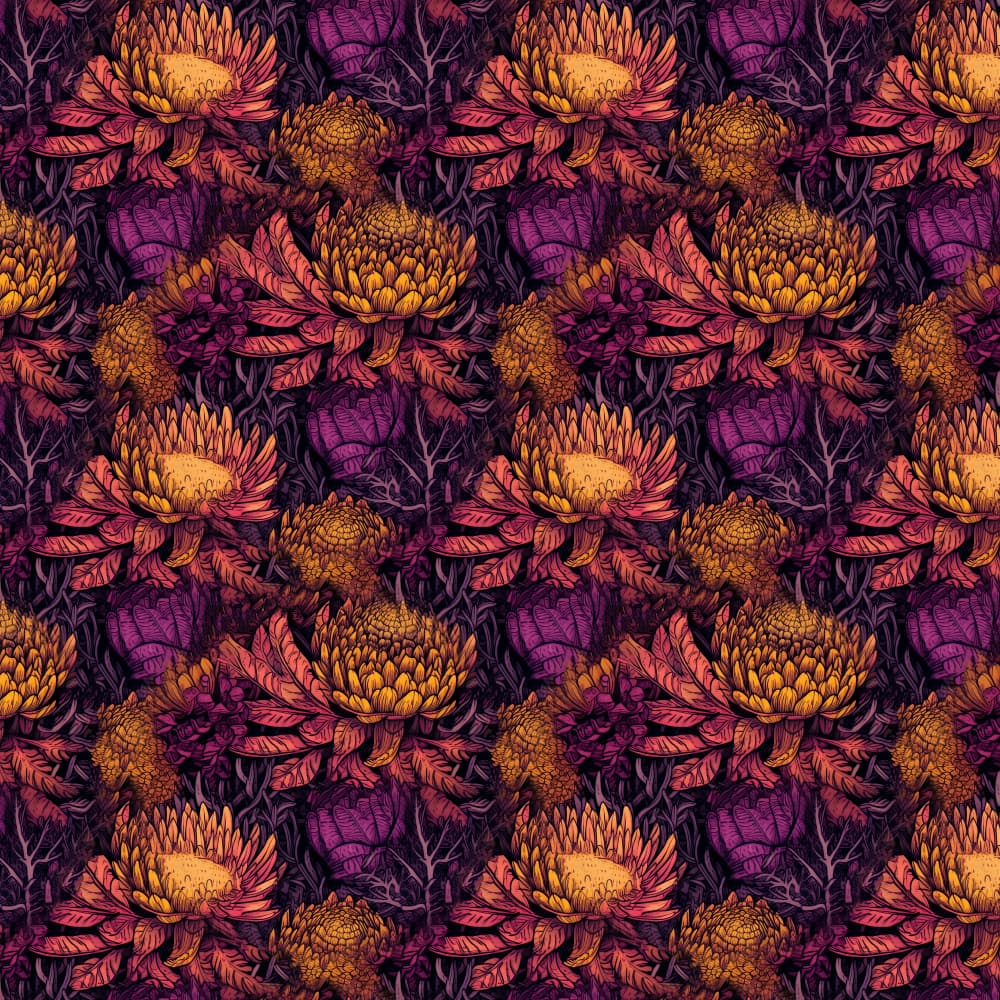Golden Purple Chrysanthemum Pattern by Justyna Jaszke — canvas wall art