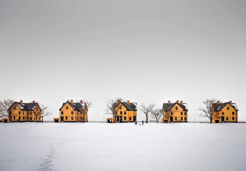 Yellow Houses Winter Landscape by Herbert Rong — canvas wall art