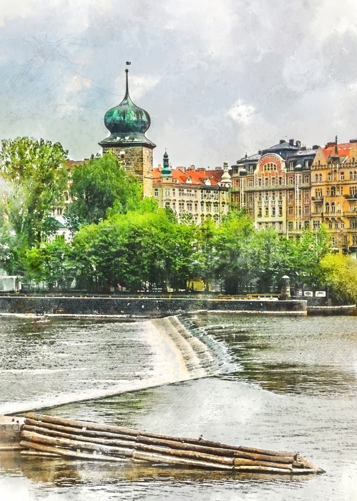 Prague Water Tower River by Justyna Jaszke — canvas wall art