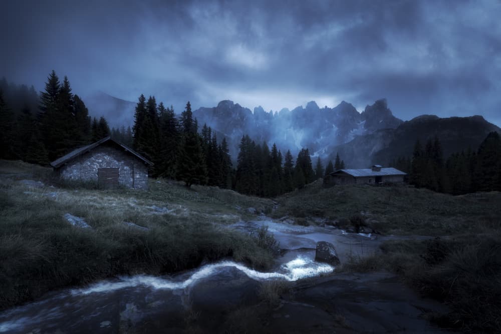 Moody Mountain Cabins by Martin Morávek — canvas wall art