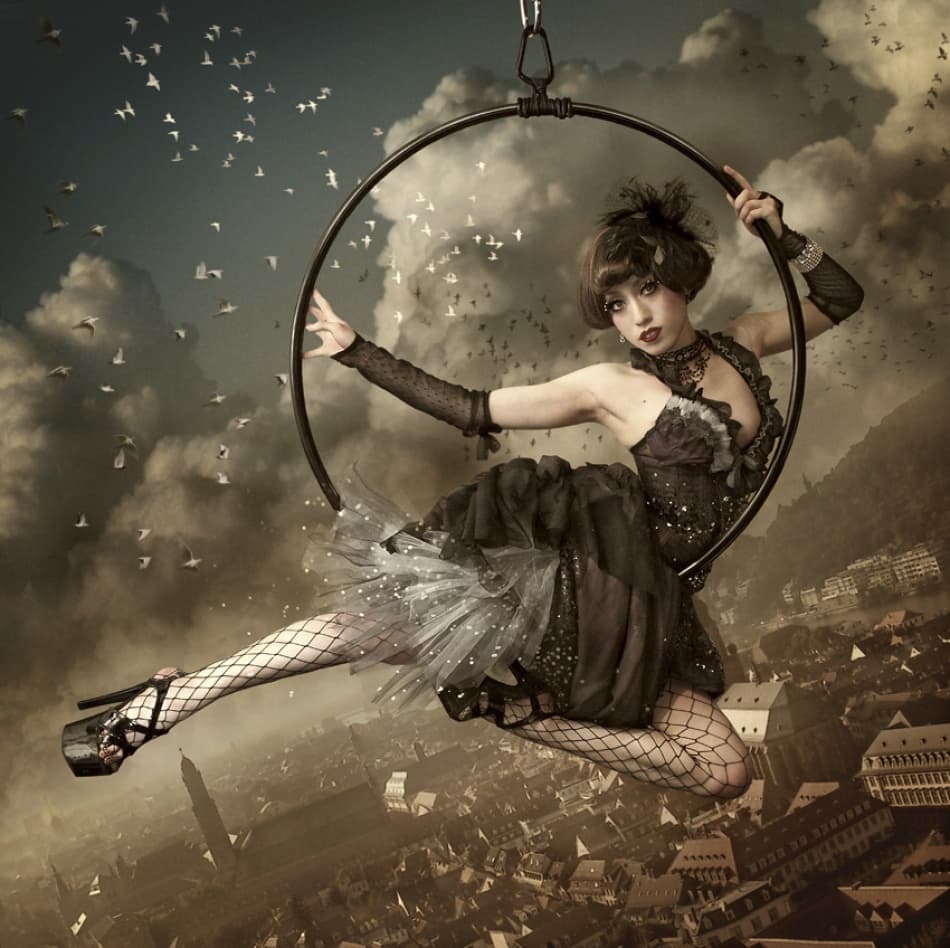 Flying Aerialist Over City by Kiyo Murakami — canvas wall art