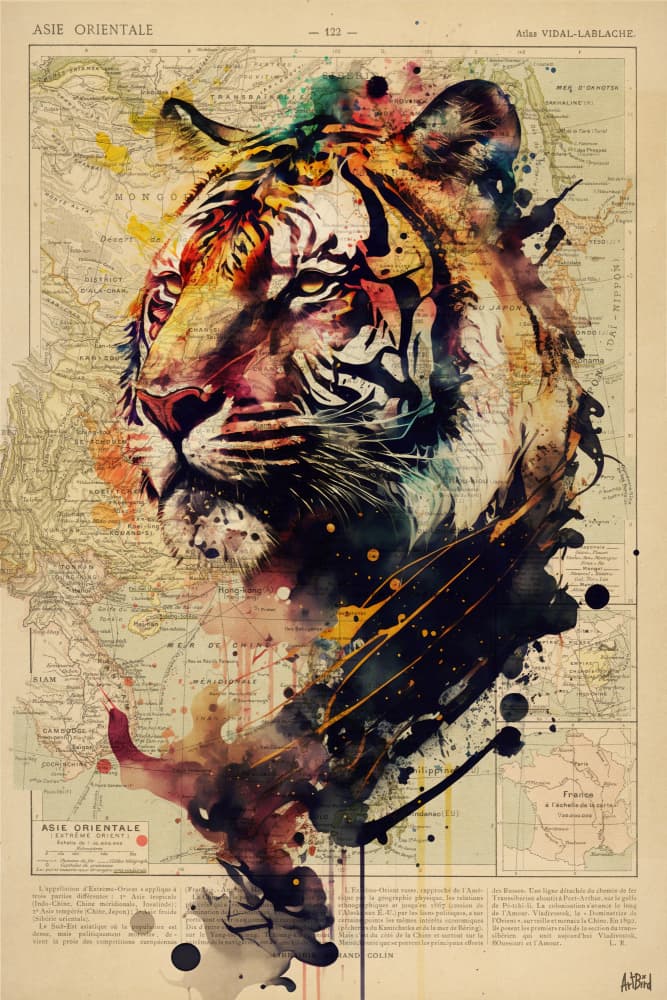 Vibrant Tiger Map by thomas chedeville — canvas wall art