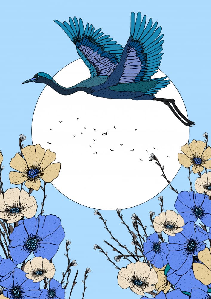 Blue Crane Moon Flowers by Nicholas — canvas wall art