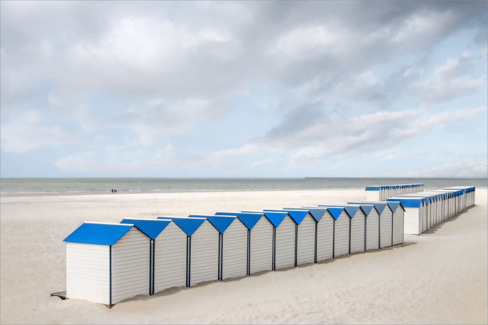 Blue Roof Beach Huts by Gilbert Claes — canvas wall art