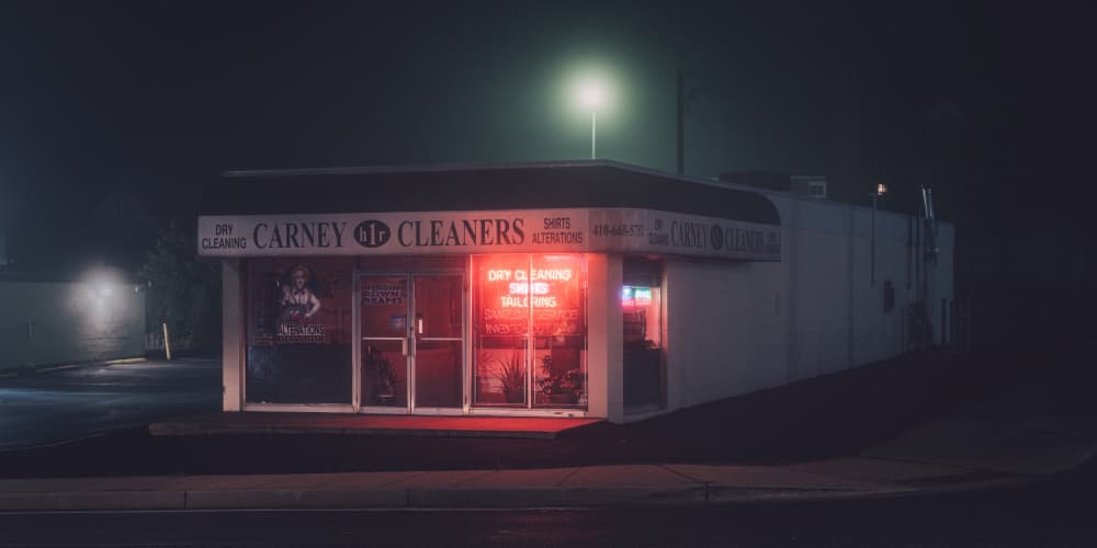 Red Neon Cleaners Night by Scott J. Pilla — canvas wall art