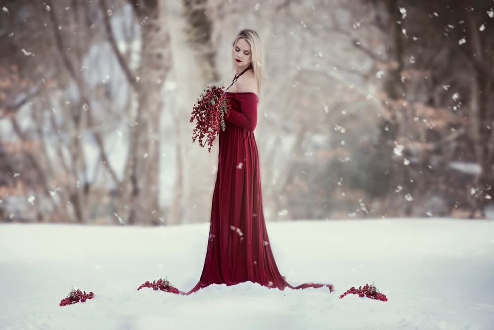 Elegant Red Winter Portrait by Carmit Rozenzvig — canvas wall art