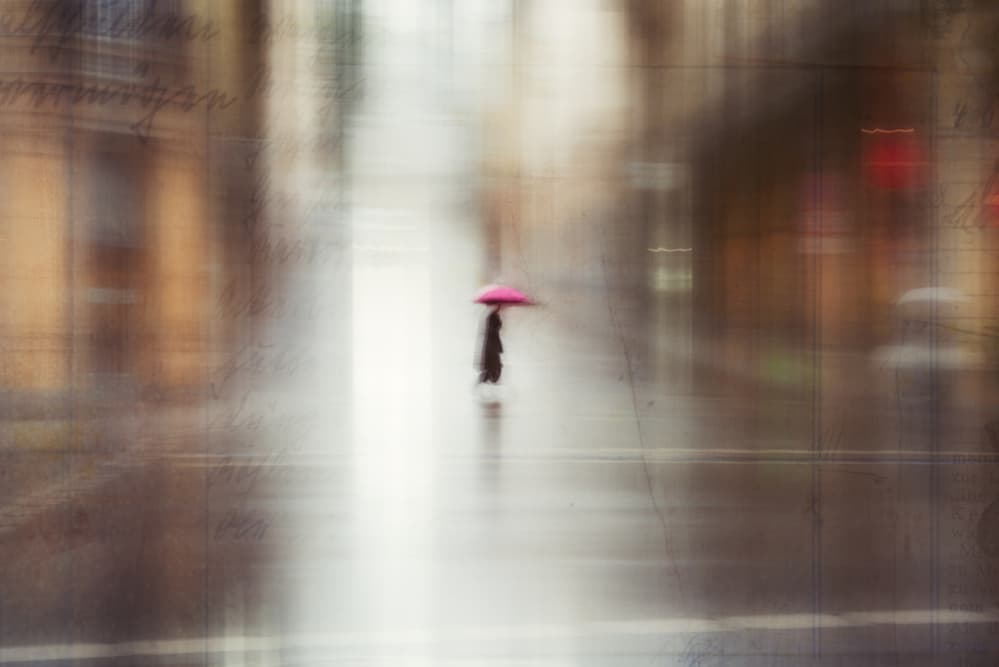 Pink Umbrella City Rain by Heike Willers — canvas wall art