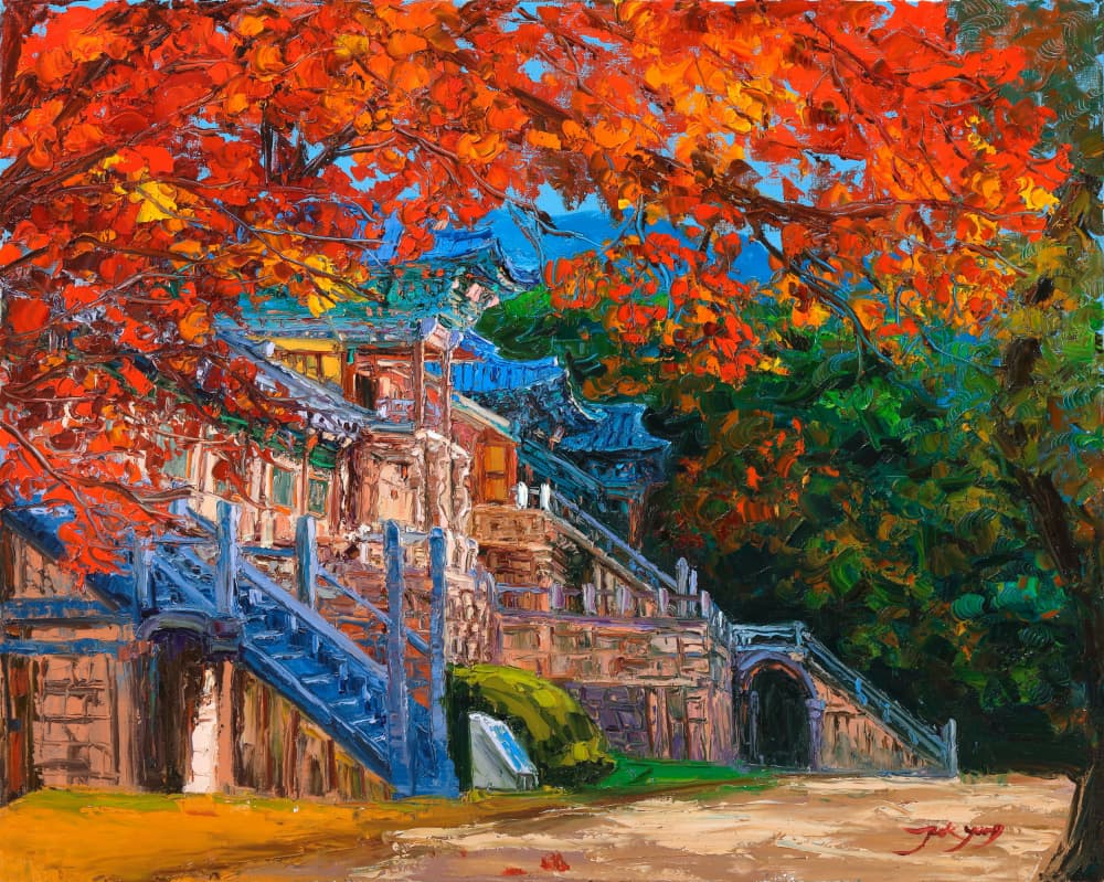 Vibrant Autumn Temple by Jukyong Park — canvas wall art