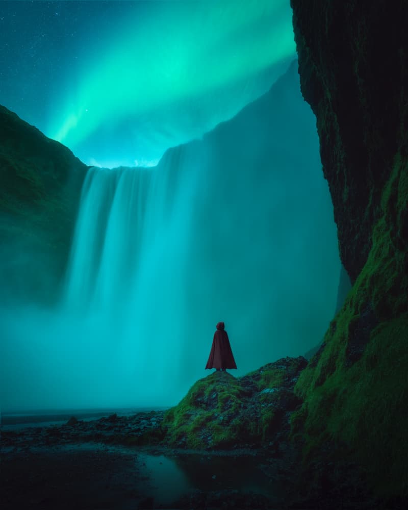 Red Cloak Aurora Waterfall by Chengming — canvas wall art
