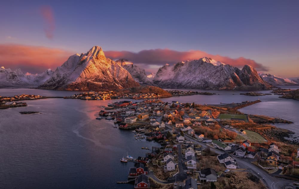 Golden Fjord Village by Jenny Qiu — canvas wall art