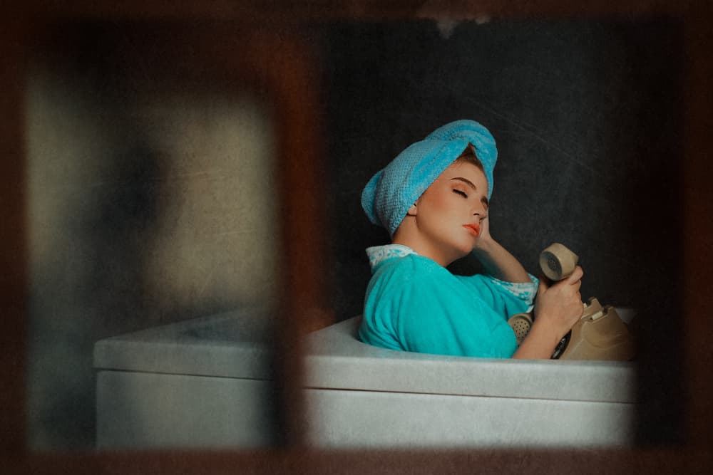 Pensive Bathtub Phone Call by Djayent Abdillah — canvas wall art