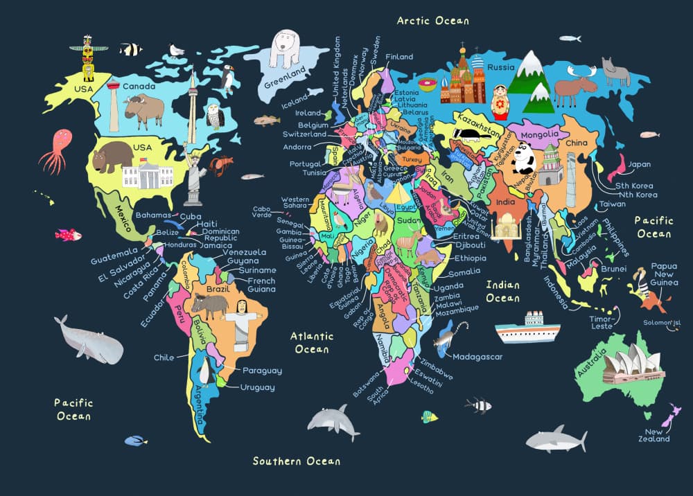 Kids World Map Animals by Carla Daly — canvas wall art