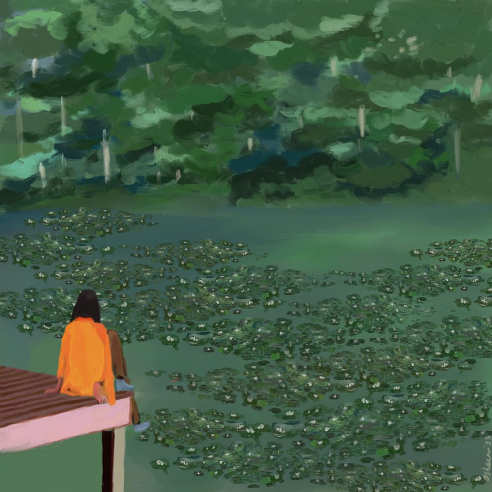 Girl Watching Lily Pad Lake by Osheensgallery — canvas wall art