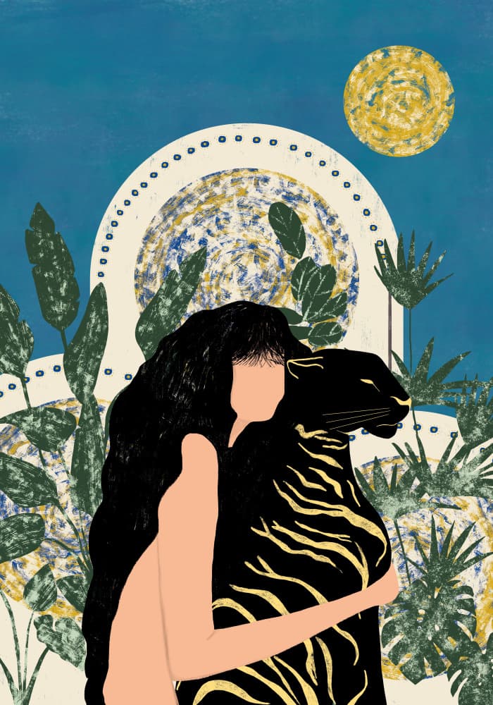 Woman and Panther Embrace by Gulcihan Ozguc — canvas wall art