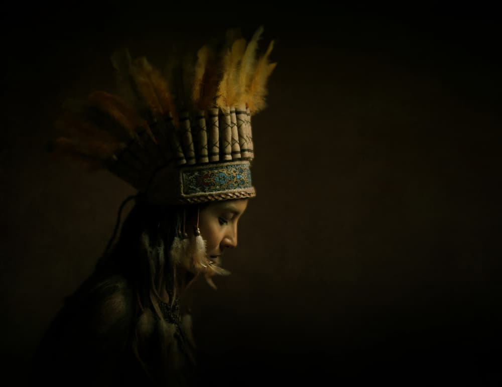 Feathered Headdress Portrait by Moein Hasheminasab — canvas wall art