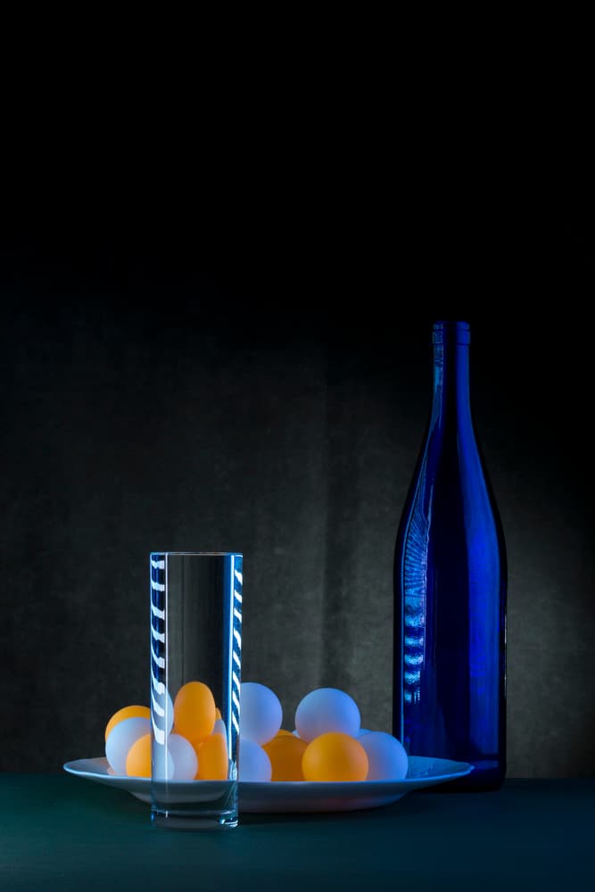 Blue Bottle Orange Spheres by Brig Barkow — canvas wall art
