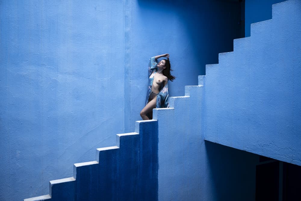 Blue Staircase Figure by Rafael L. Bardají — canvas wall art