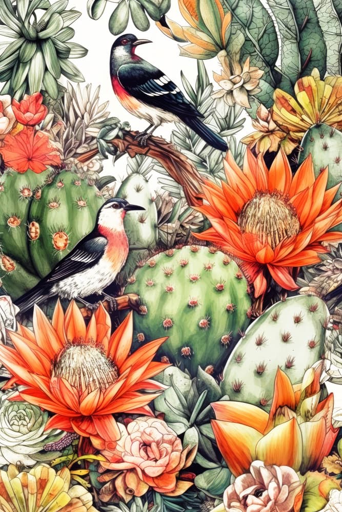 Birds Among Cacti Blooms by Justyna Jaszke — canvas wall art