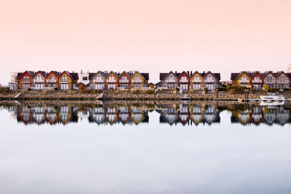 Colorful Waterfront Reflections by Ute Jackisch — canvas wall art
