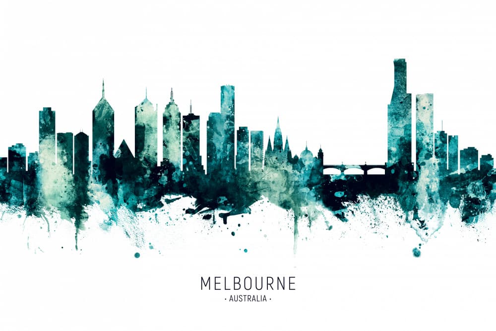 Watercolor Melbourne Skyline by Michael Tompsett — canvas wall art