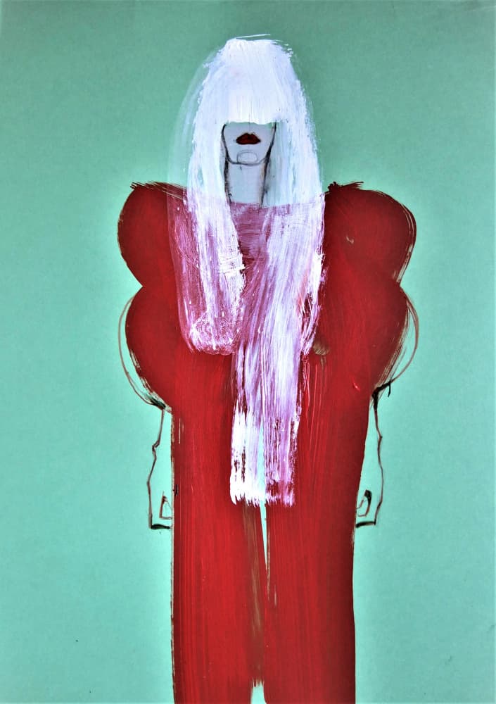 White Hair Red Dress by Doris Schmitz — canvas wall art