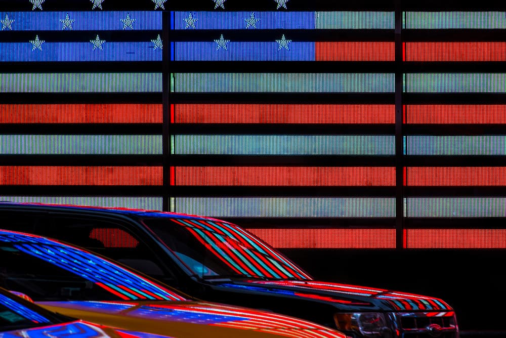 American Flag City Reflections by Linda Wride — canvas wall art