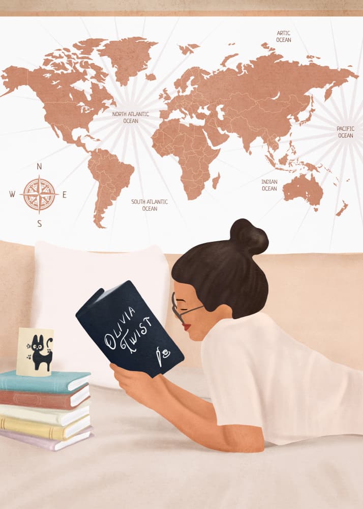 Reading Under a World Map by Flow Line — canvas wall art