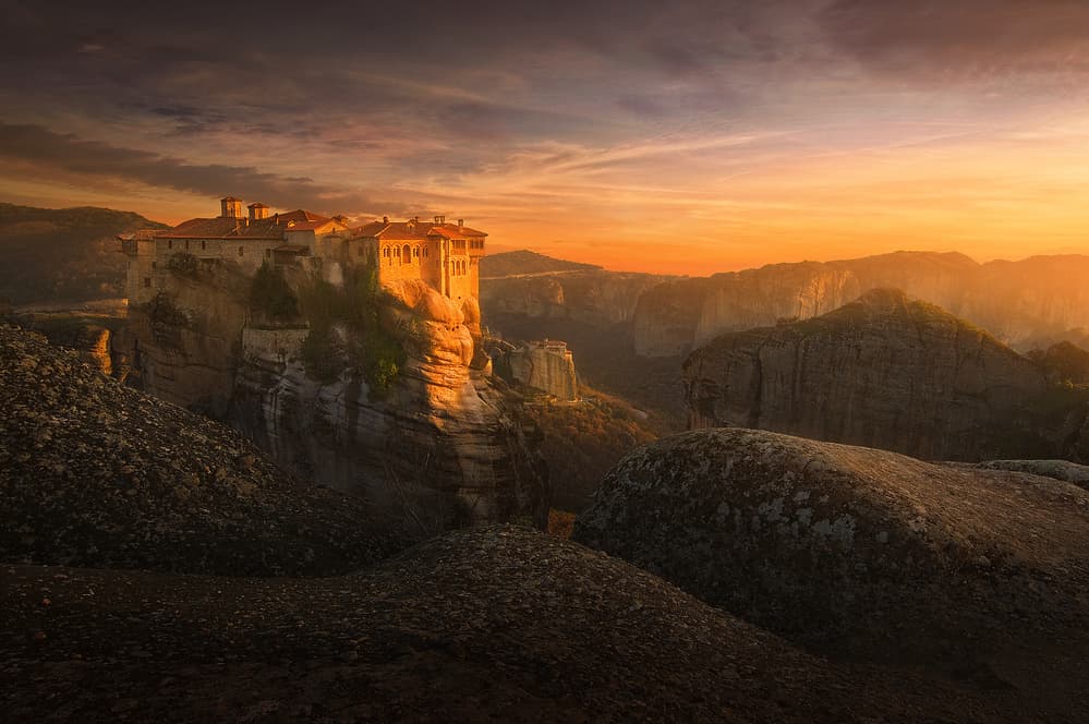 Meteora Monastery Golden Hour by Chris Kaddas — canvas wall art